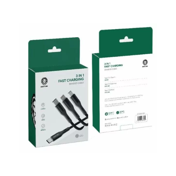 Green Lion 3 In 1 Fast Charging Braided Cable 1.2m GN3IN1CCBK Black
