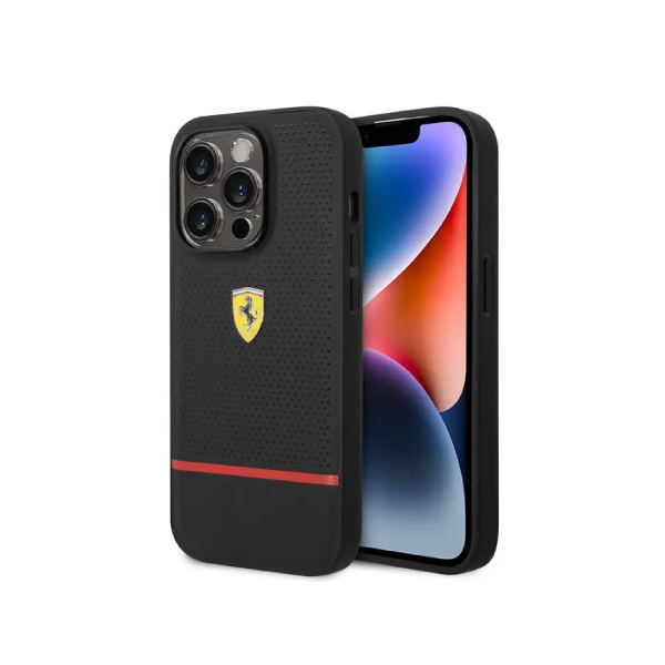 Ferrari Genuine Leather Case Perforated and Bottom Contrasted Line iPhone 14 Pro Max - Black