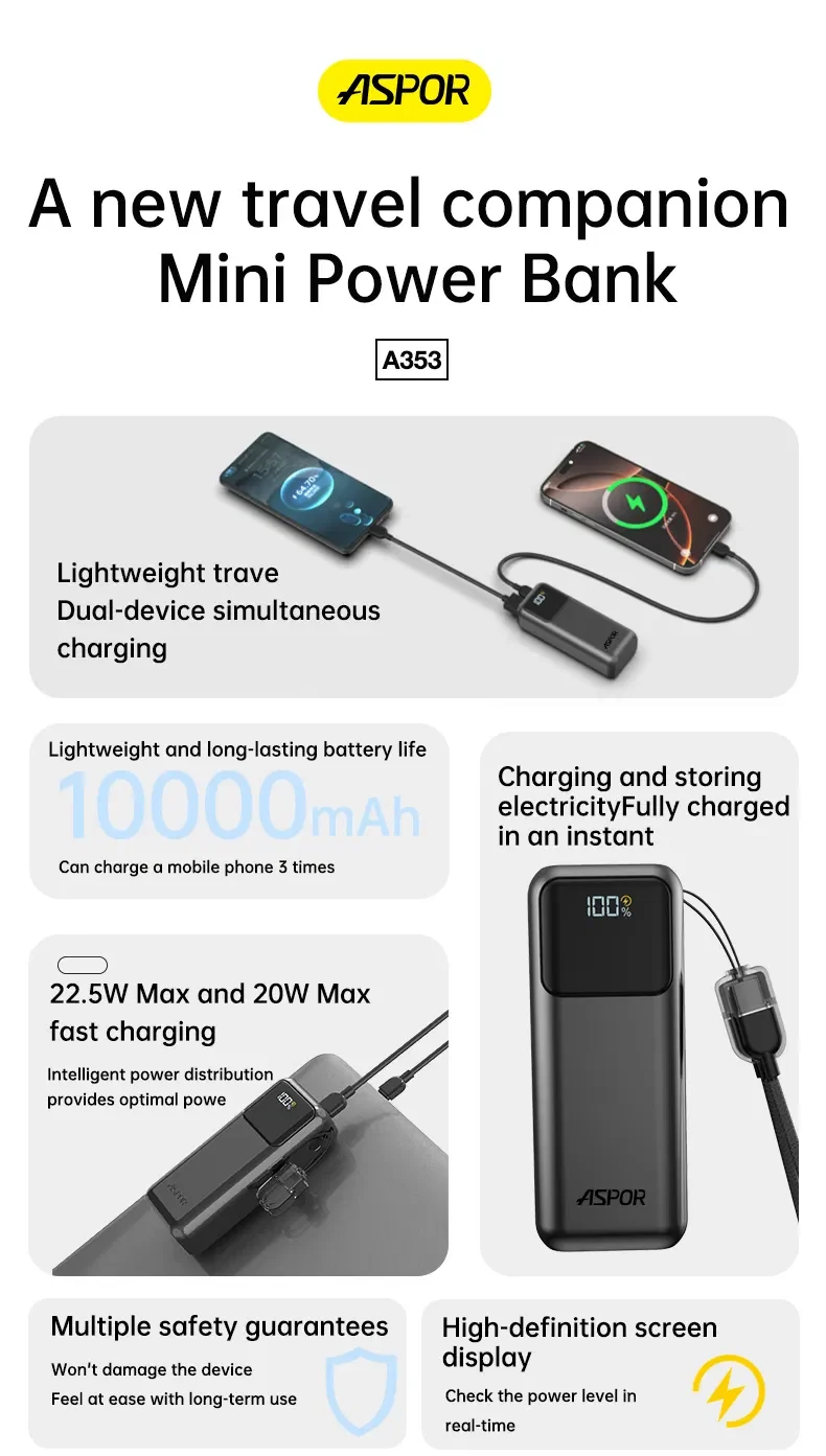 Aspor A353 10000mAh 22.5W Fast Charging Mini Power Bank - OTC.LK