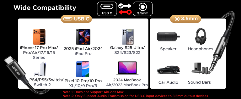 Durable USB C AUX adapter cable