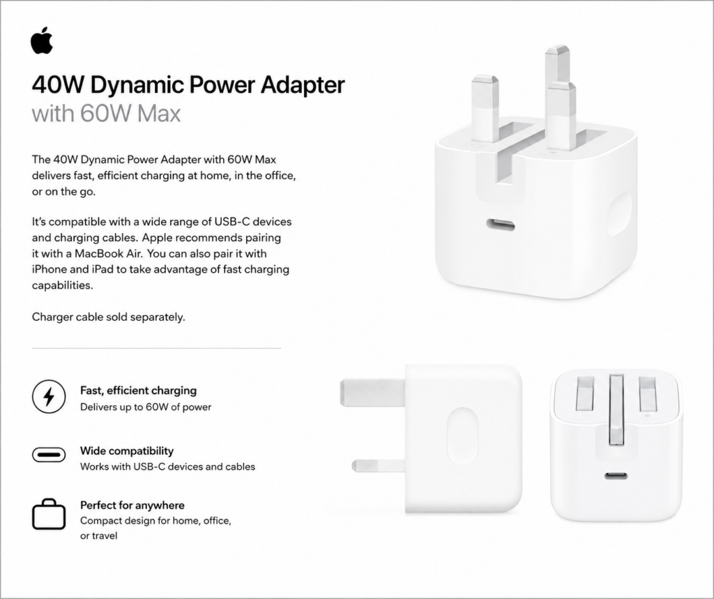 Apple 40W Dynamic Power Adapter with 60W Max