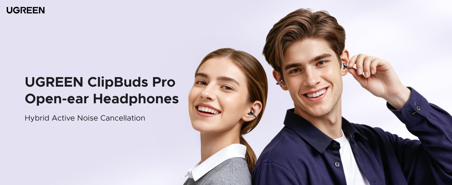 Open-ear wireless earbuds with adaptive ANC technology.